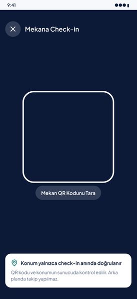 Ula check-in ekranı: mekanın QR kodunu tarama adımı